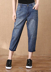 Denim Blau Patchwork Baumwolle Crop Hose Elastische Taille Taschen